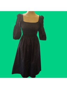 Monica Nera Navy Penelope Dress With Smocked Square Neckline & Puff NWT